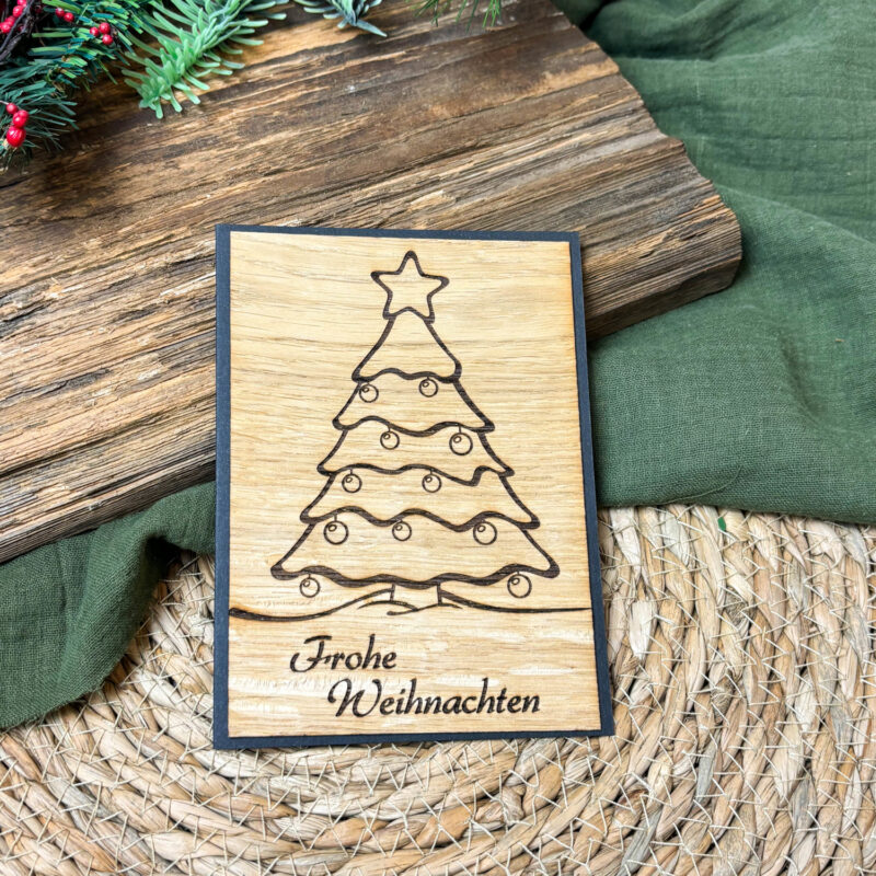 Holz-Weihnachtskarte Frohe Weihnachten & Tannenbaum