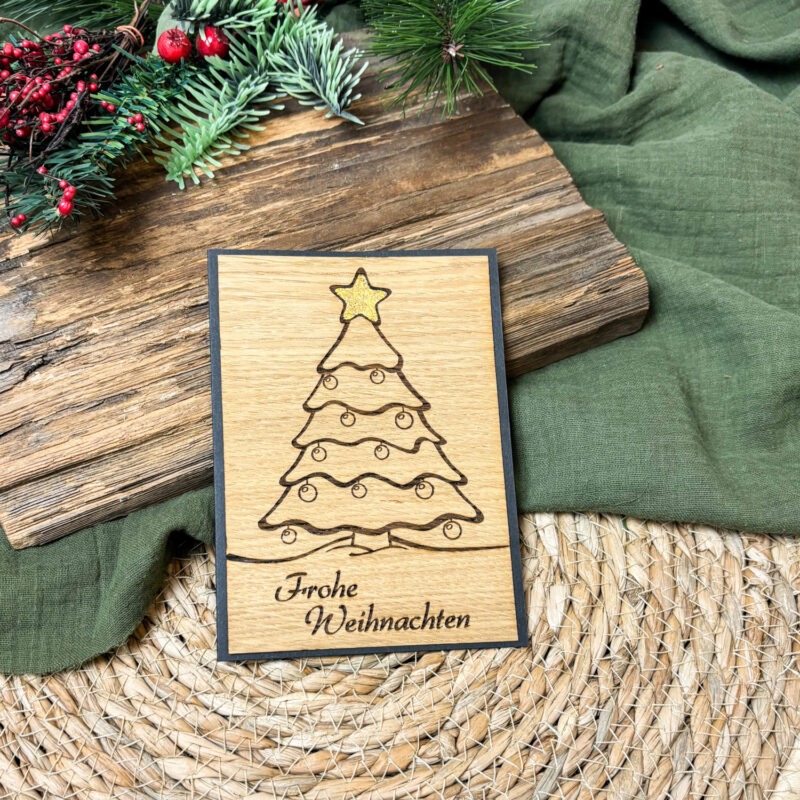 Holz-Weihnachtskarte Frohe Weihnachten & Tannenbaum mit Blattgoldstern
