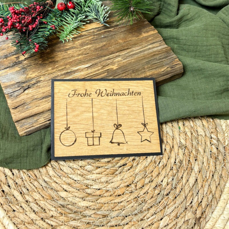 Holz-Weihnachtskarte "Frohe Weihnachten & Weihnachtssymbole"
