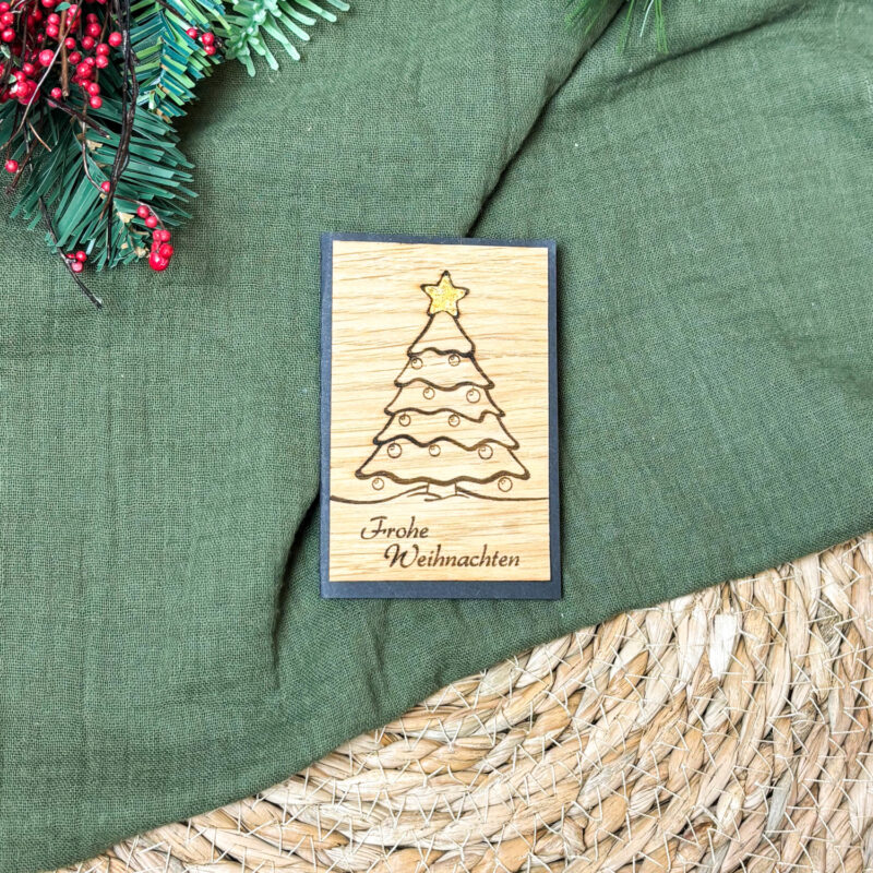 Kleine Holz-Weihnachtskarte Frohe Weihnachten & Tannenbaum mit Blattgoldstern