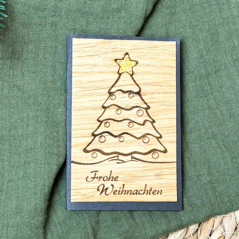 Kleine Holz-Weihnachtskarte Frohe Weihnachten & Tannenbaum mit Blattgoldstern