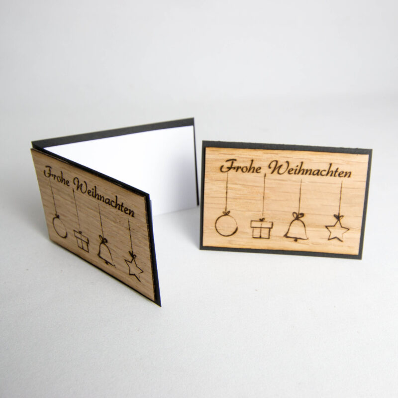 Kleine Holz-Weihnachtskarte "Frohe Weihnachten & Weihnachtssymbole"