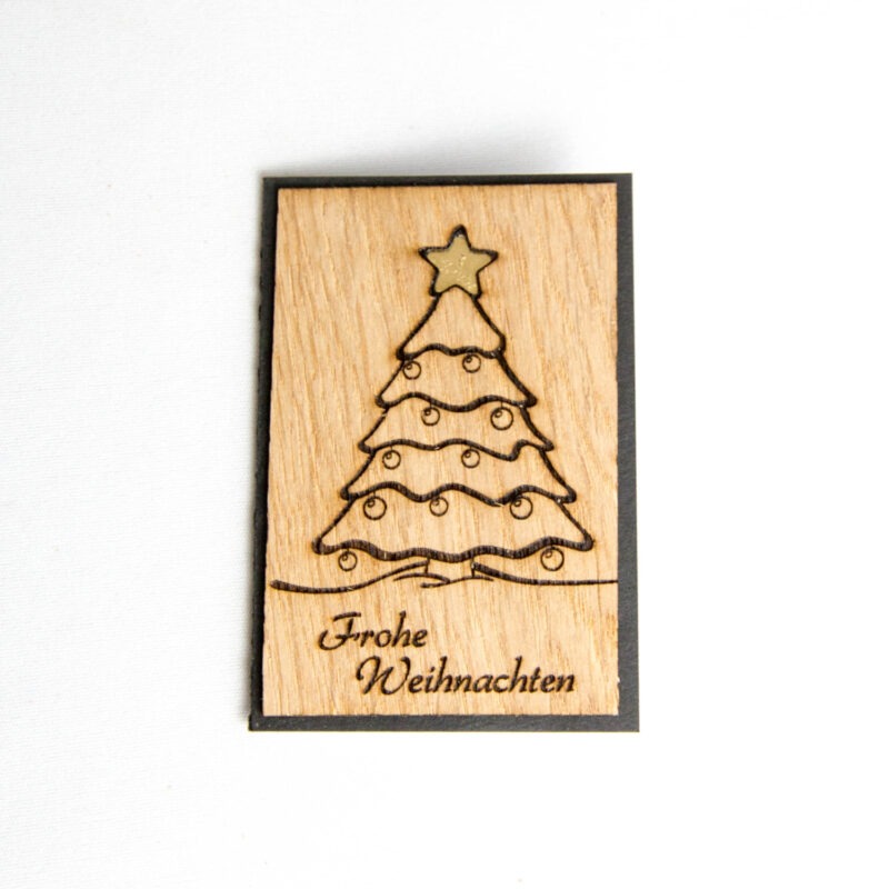 Kleine Holz-Weihnachtskarte "Frohe Weihnachten & Tannenbaum" mit Blattgoldstern