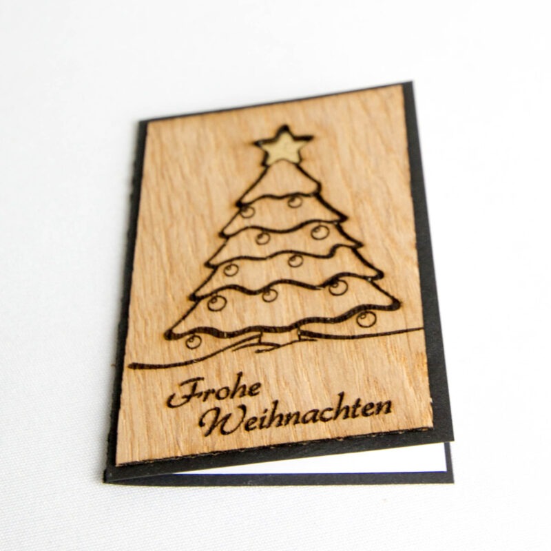 Kleine Holz-Weihnachtskarte "Frohe Weihnachten & Tannenbaum" mit Blattgoldstern