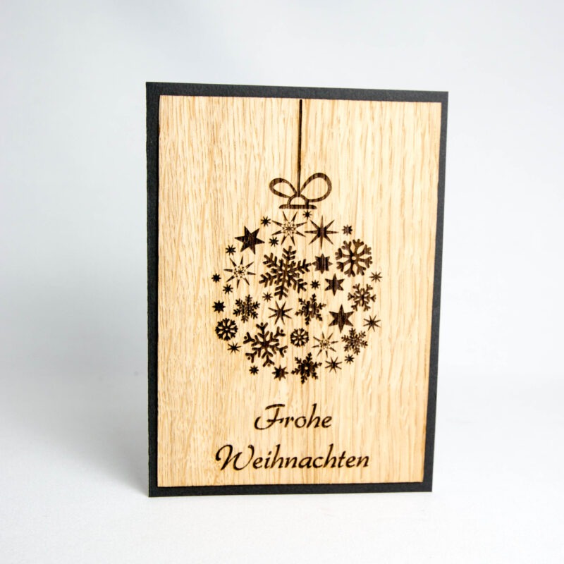 Holz-Weihnachtskarte Schneeflockenkugel "Frohe Weihnachten"
