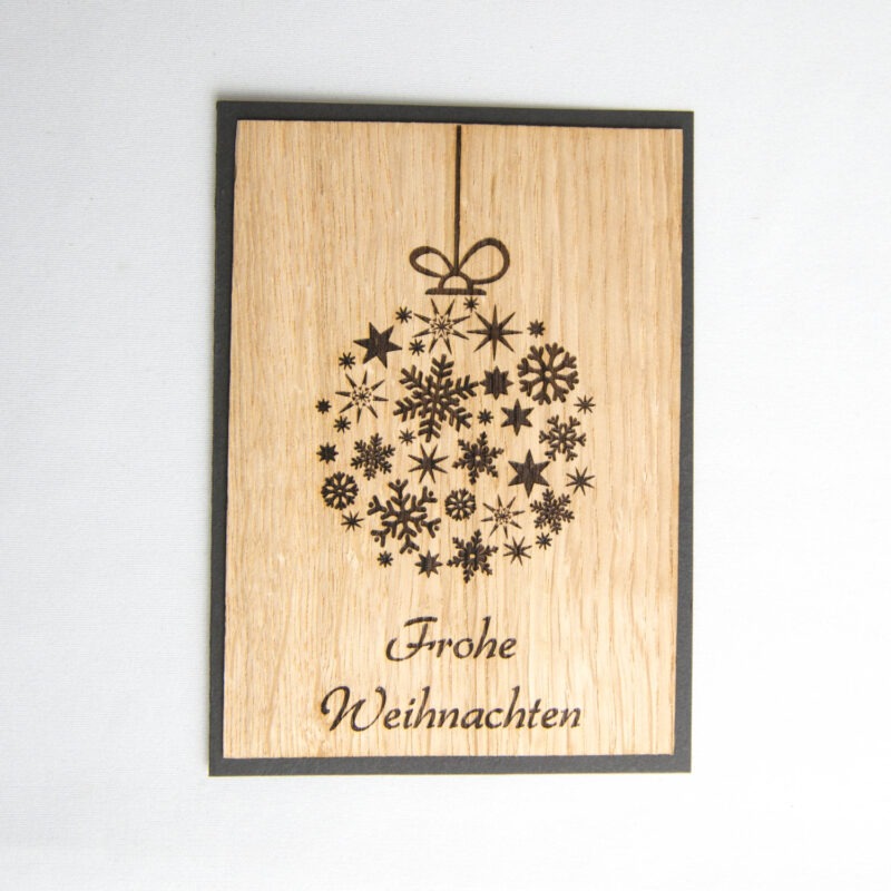 Holz-Weihnachtskarte Schneeflockenkugel "Frohe Weihnachten"