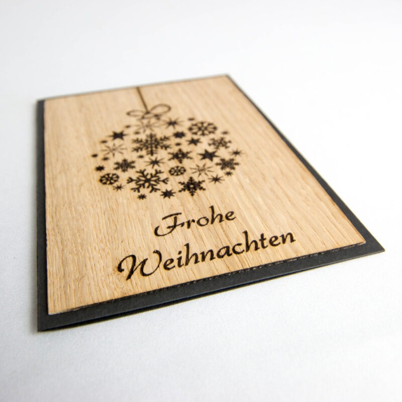 Holz-Weihnachtskarte Schneeflockenkugel "Frohe Weihnachten"