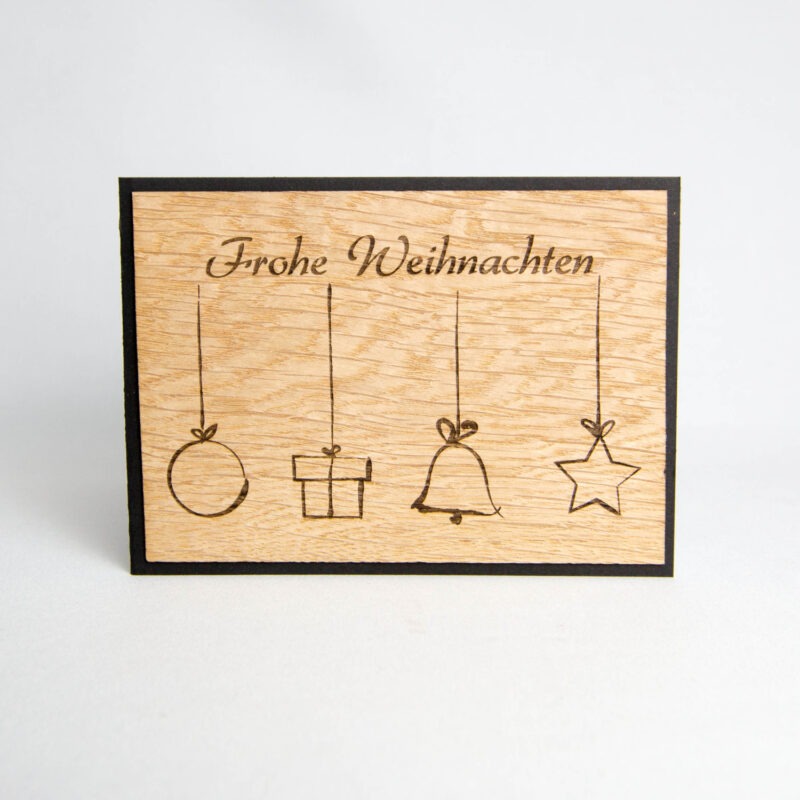 Holz-Weihnachtskarte "Frohe Weihnachten & Weihnachtssymbole"