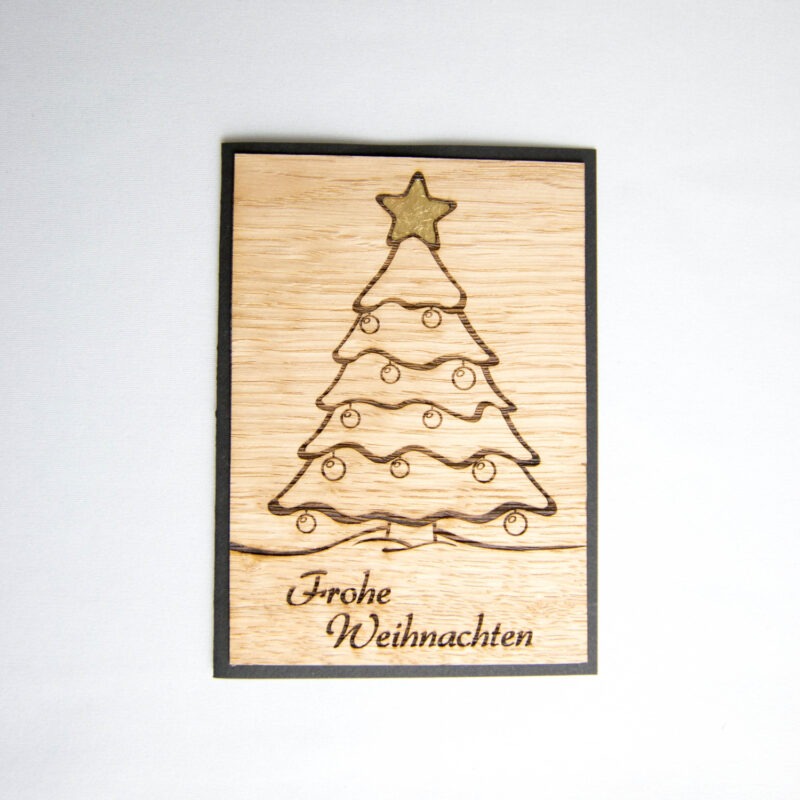 Holz-Weihnachtskarte "Frohe Weihnachten & Tannenbaum" mit Blattgoldstern