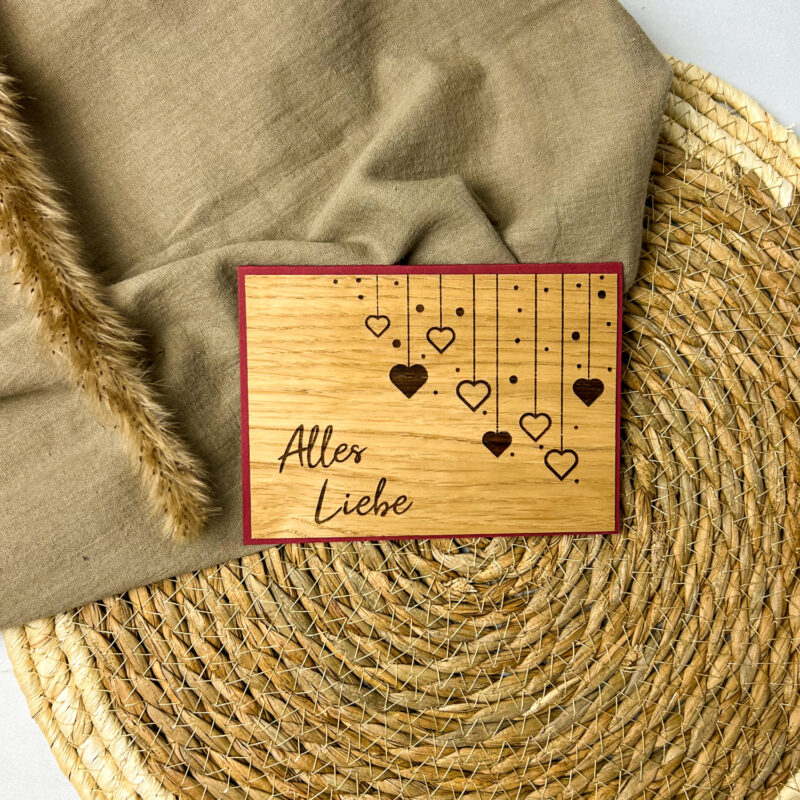 Holz-Karte "Alles Liebe" & Herzen