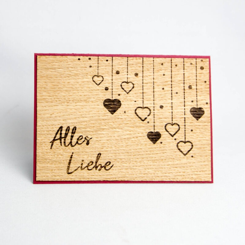 Holz-Karte "Alles Liebe" & Herzen
