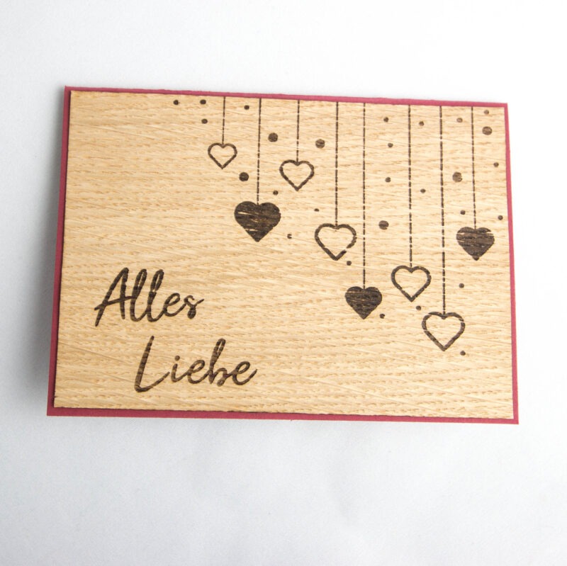 Holz-Karte "Alles Liebe" & Herzen