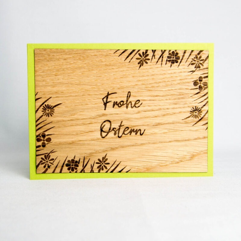 Holz-Karte "Frohe Ostern" & Gras