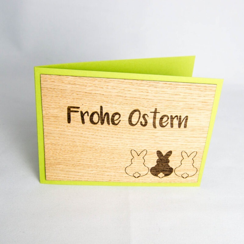 Holz-Karte "Frohe Ostern" & 3 Häschen
