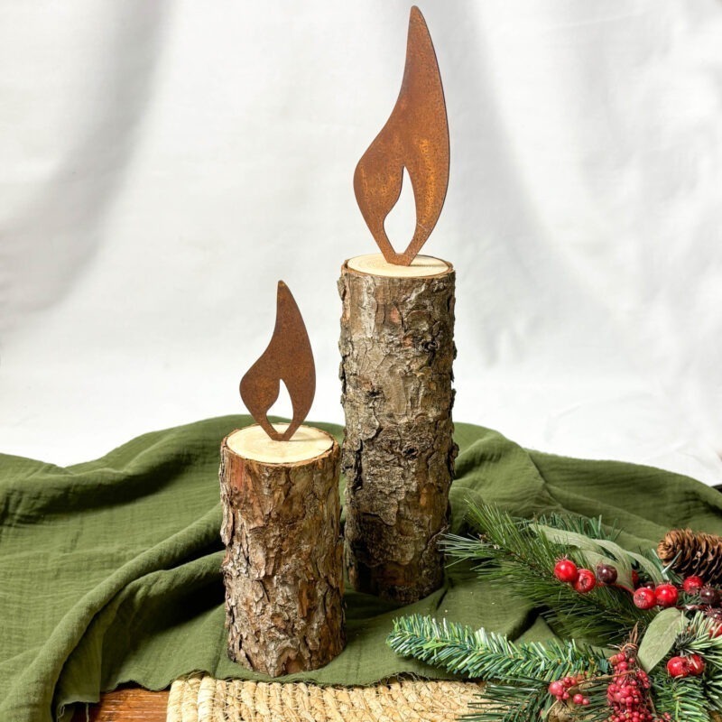 Weihnachtliche Stumpenkerzen mit Rostflamme